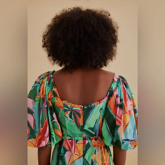 Farm Rio Multicolor Banana Foliage Puff Sleeve Midi Dress - Picture 4 of 6